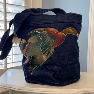Denim Bucket Tote Back with Sewn on Mallard